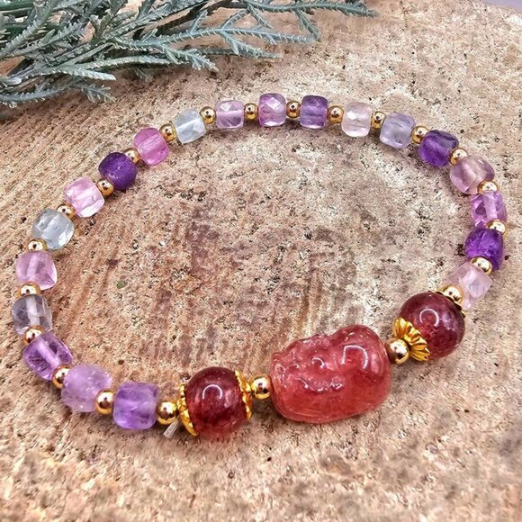 Nature Mixed Colors Fluorite Strawberry Quartz Pi Xiu Bracelet - Picture 1 of 10